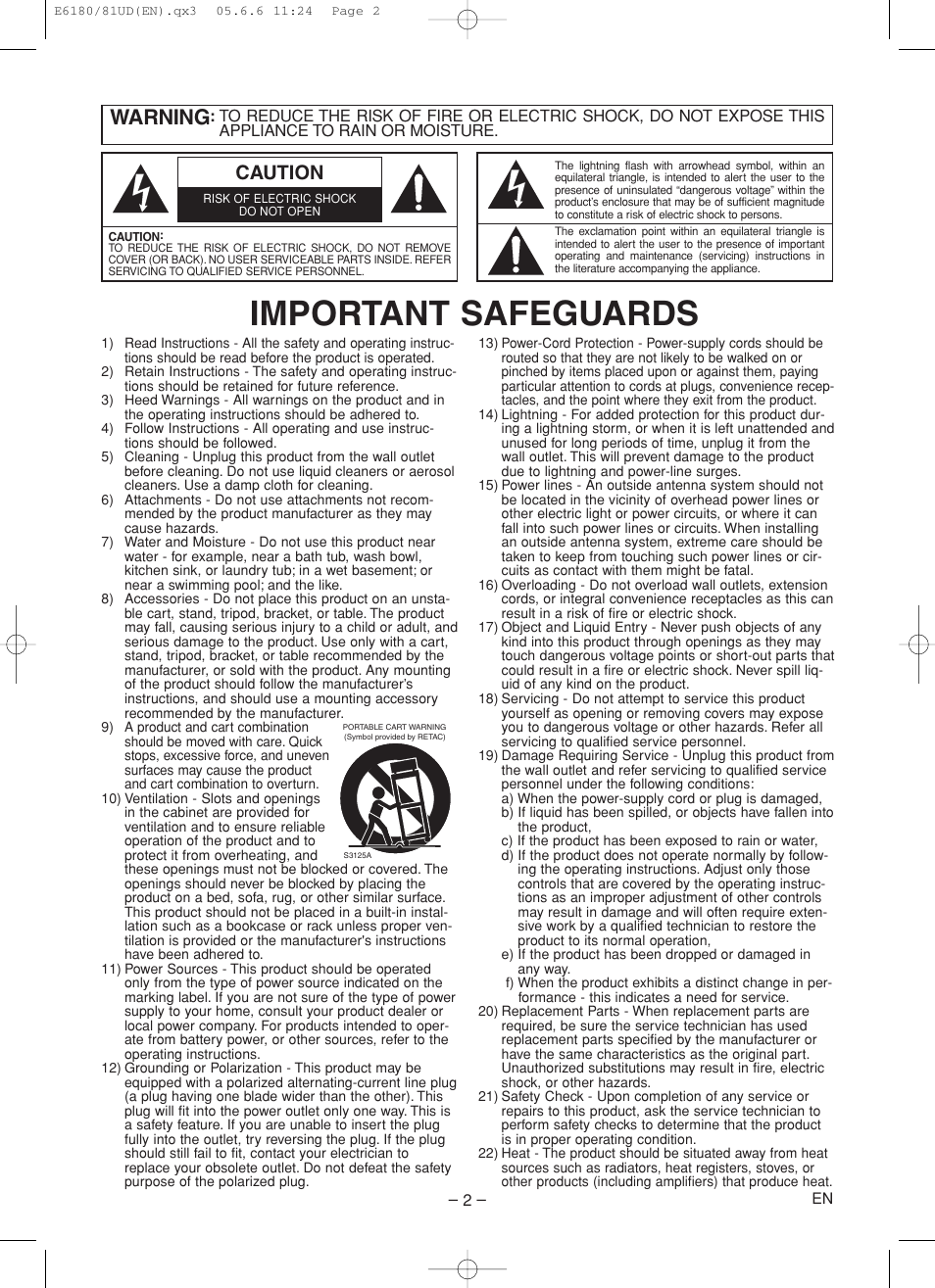 Important safeguards, Warning, Caution | Denon DVD-1720 User Manual | Page 2 / 54