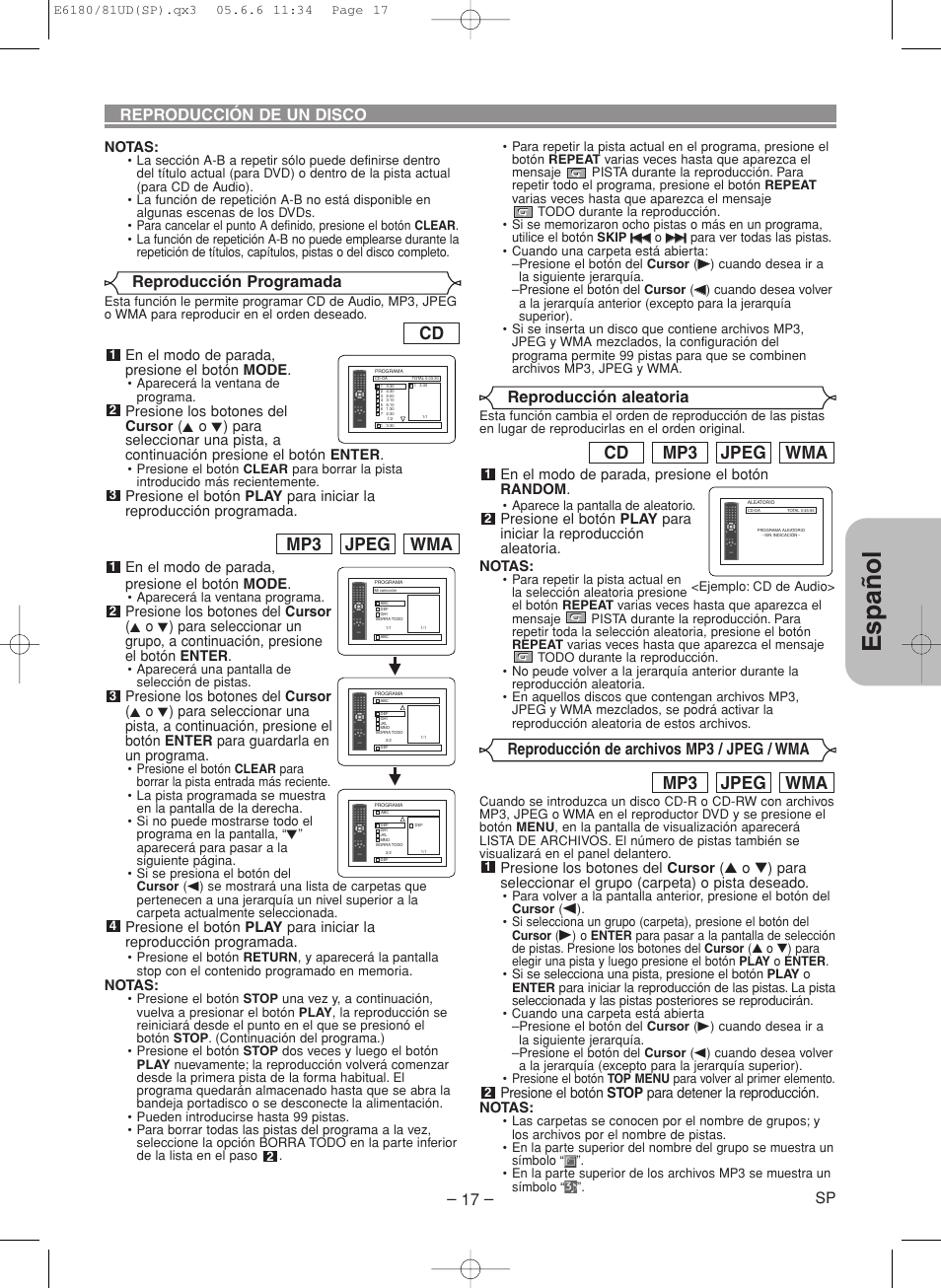 Espa ñ ol, Wma jpeg mp3, Wma jpeg mp3 cd | Reproducción de un disco reproducción programada, Reproducción aleatoria, Reproducción de archivos mp3 / jpeg / wma | Denon DVD-1720 User Manual | Page 43 / 54