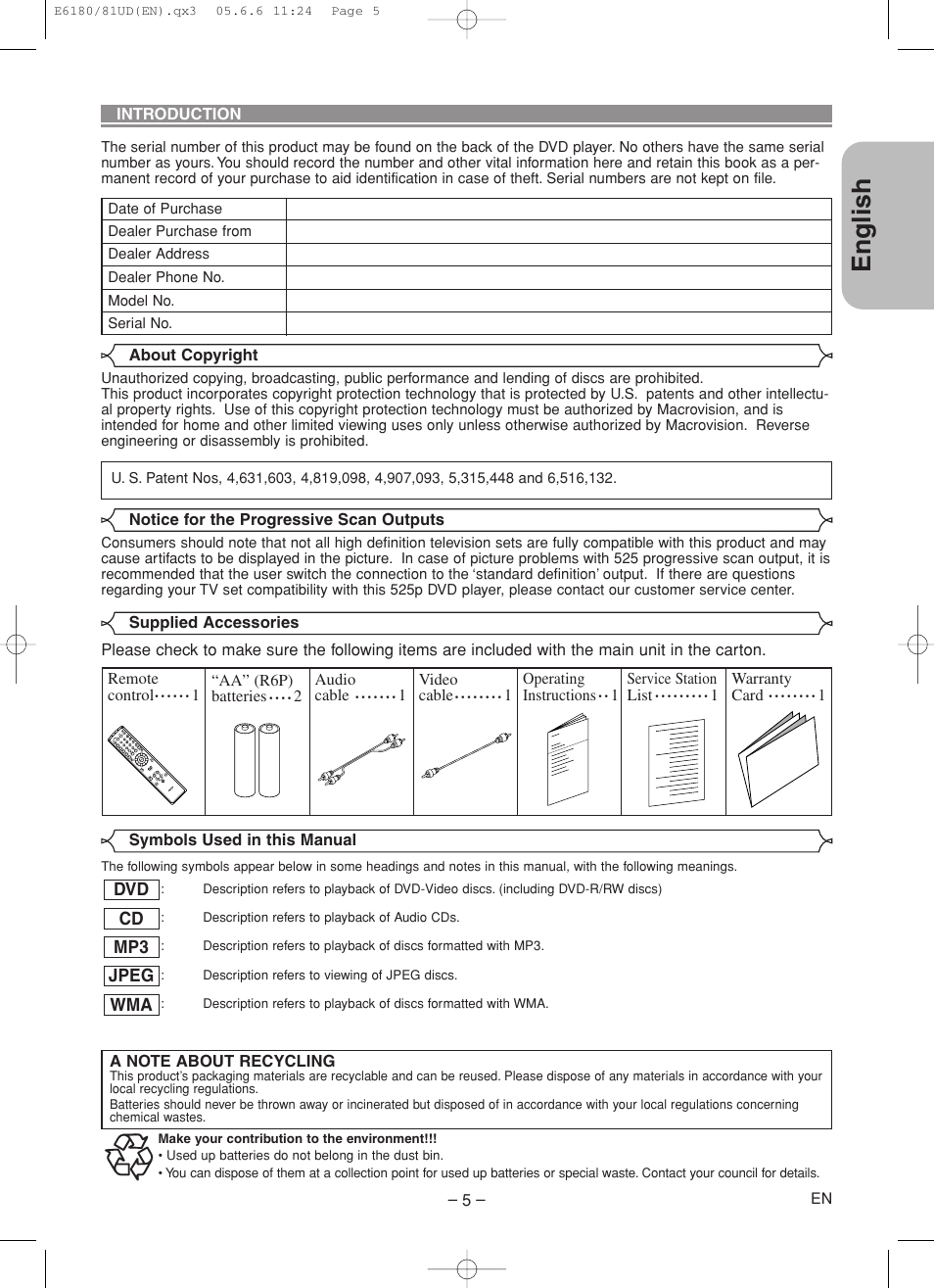 English, Wma jpeg mp3 cd dvd | Denon DVD-1720 User Manual | Page 5 / 54