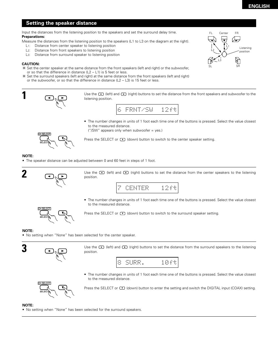 6 frnt/sw 12ft, 7 center 12ft, 8 surr. 10ft | Setting the speaker distance | Denon 483 User Manual | Page 19 / 55