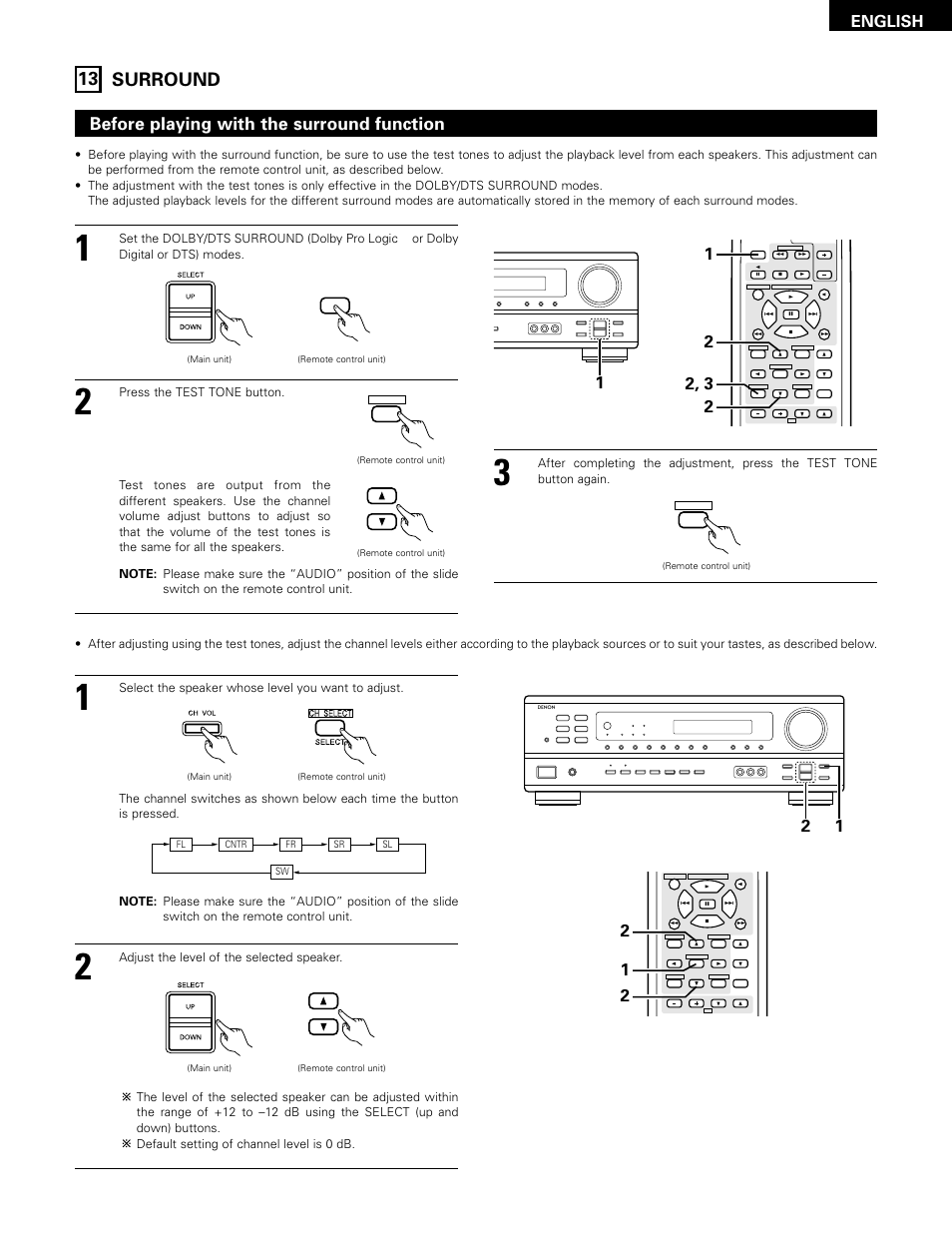 Surround, 13 surround, Before playing with the surround function | English | Denon 483 User Manual | Page 29 / 55