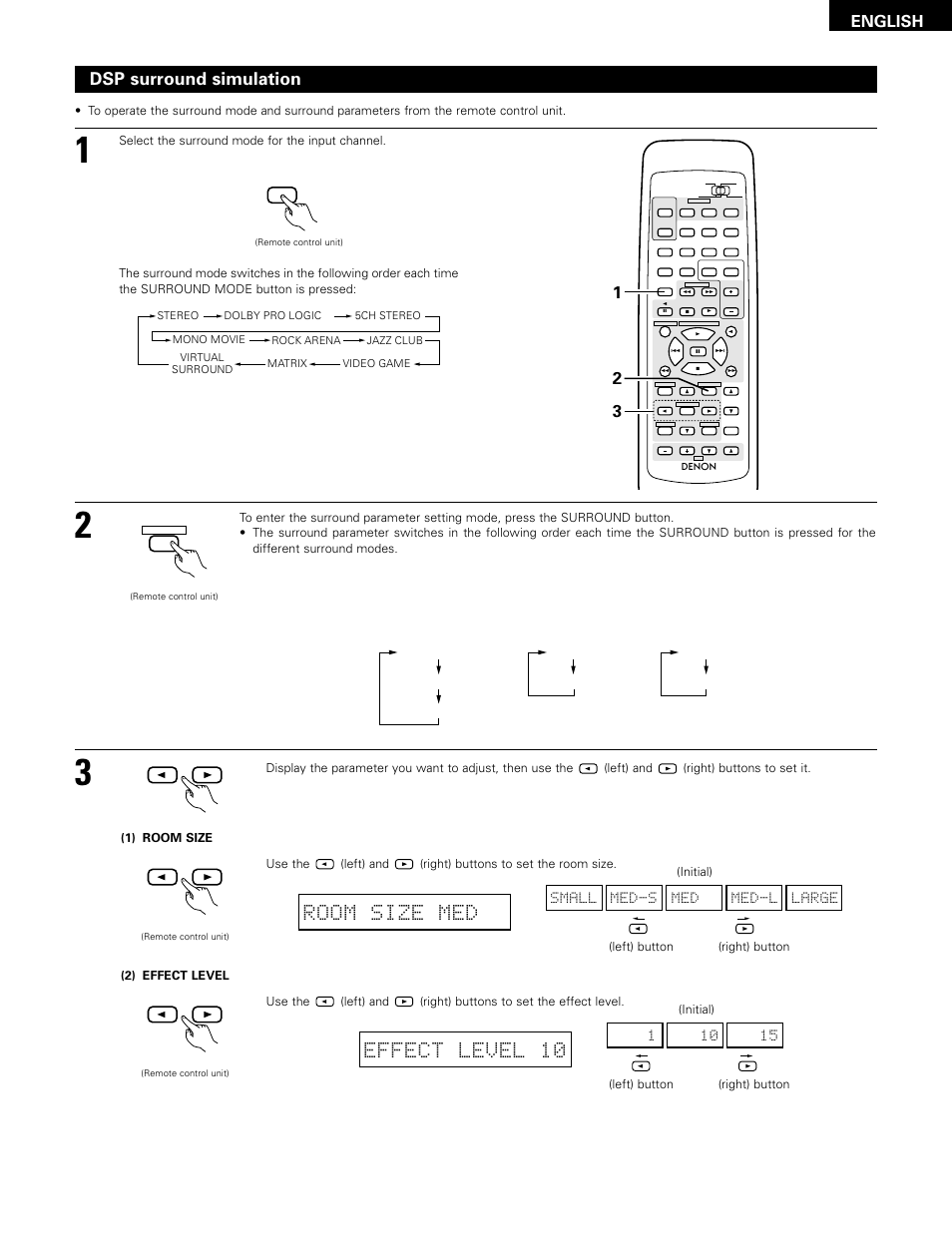 Room size med, Effect level 10, Dsp surround simulation | English, Large med-l med med-s small | Denon 483 User Manual | Page 35 / 55