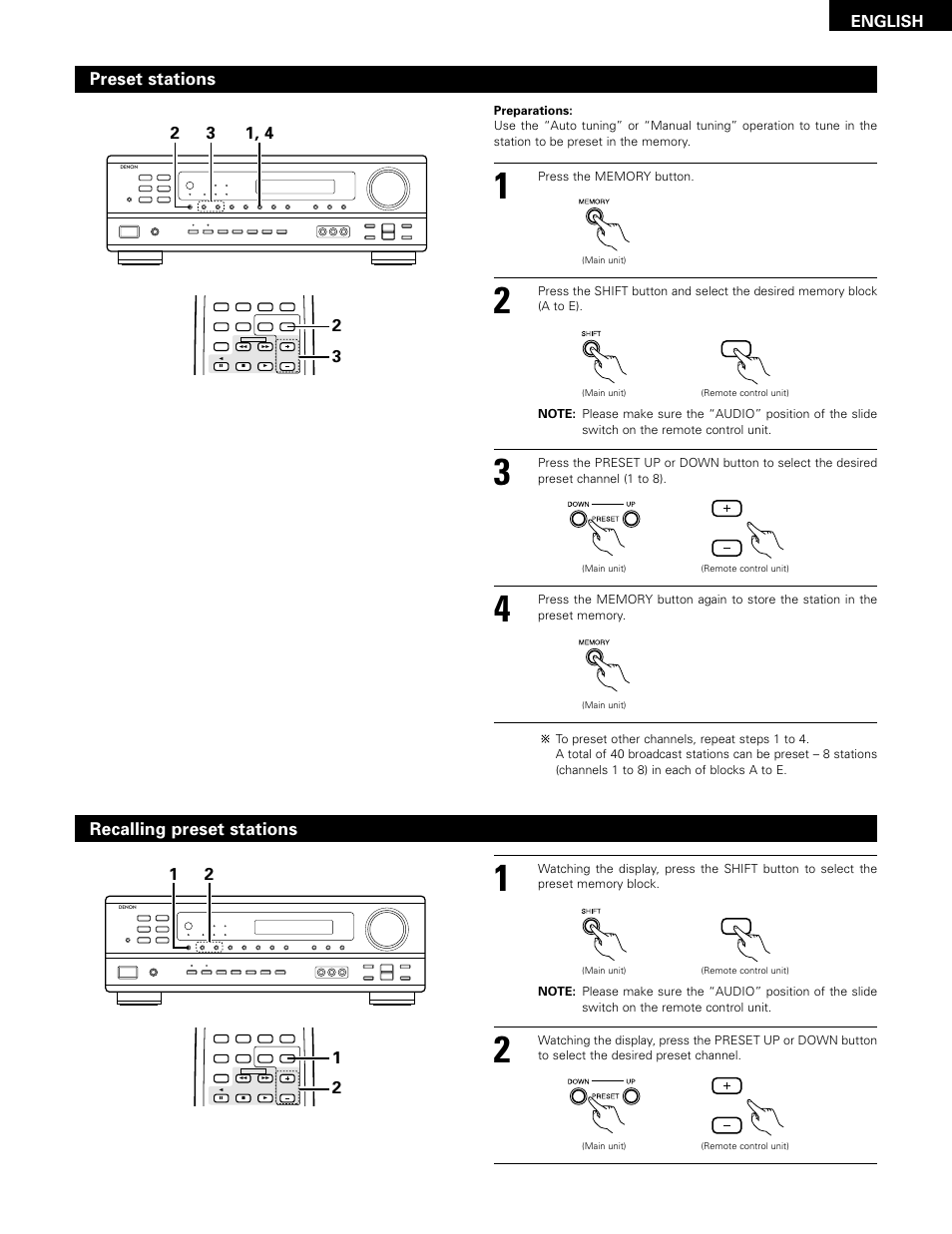 Preset stations, 23 recalling preset stations, English | Denon 483 User Manual | Page 41 / 55