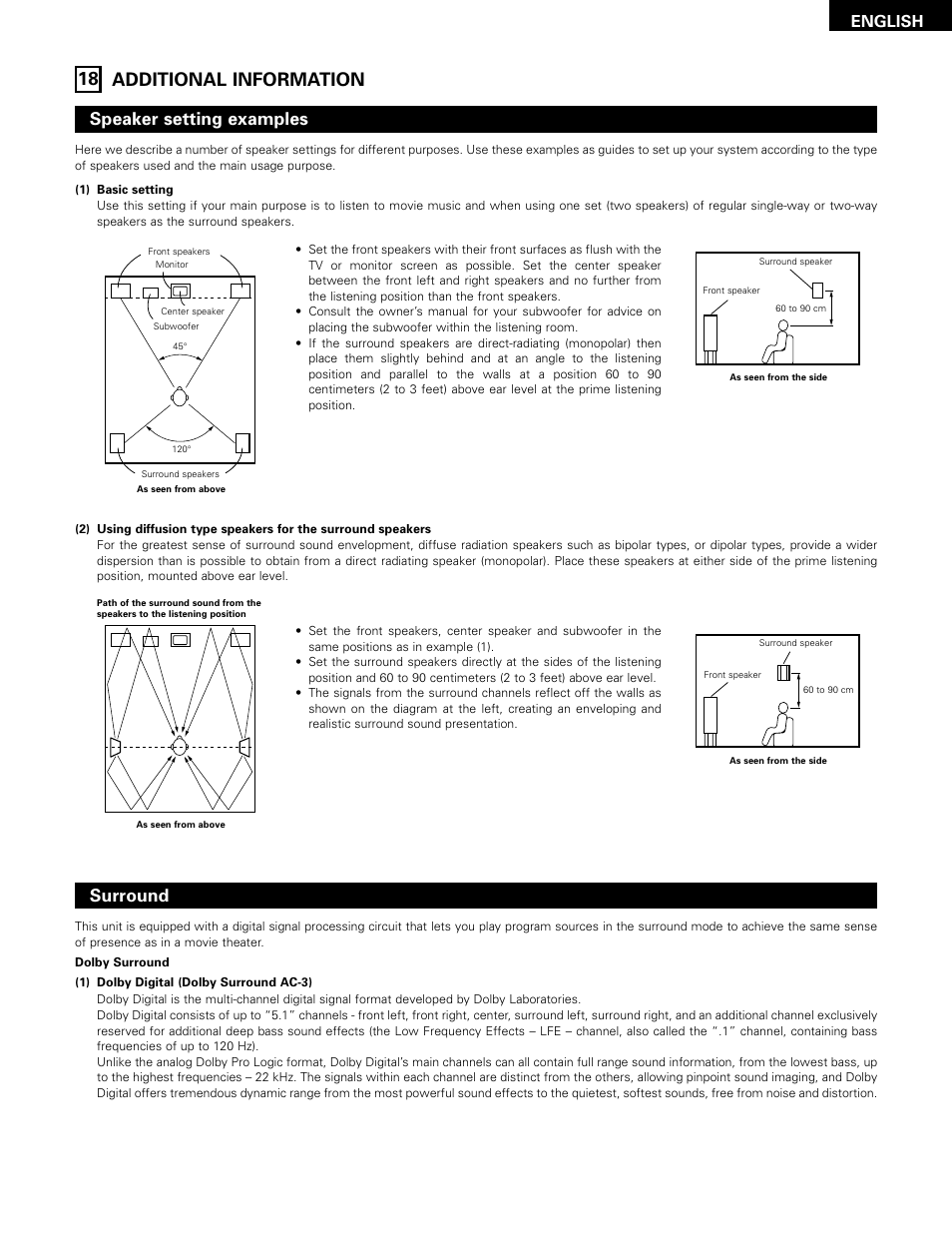 Additional info, 18 additional information, Speaker setting examples | Surround, English | Denon 483 User Manual | Page 43 / 55