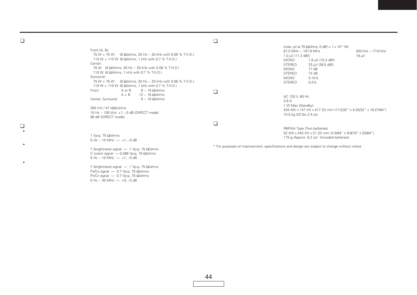 Specifications, English | Denon AVR-487 User Manual | Page 47 / 52