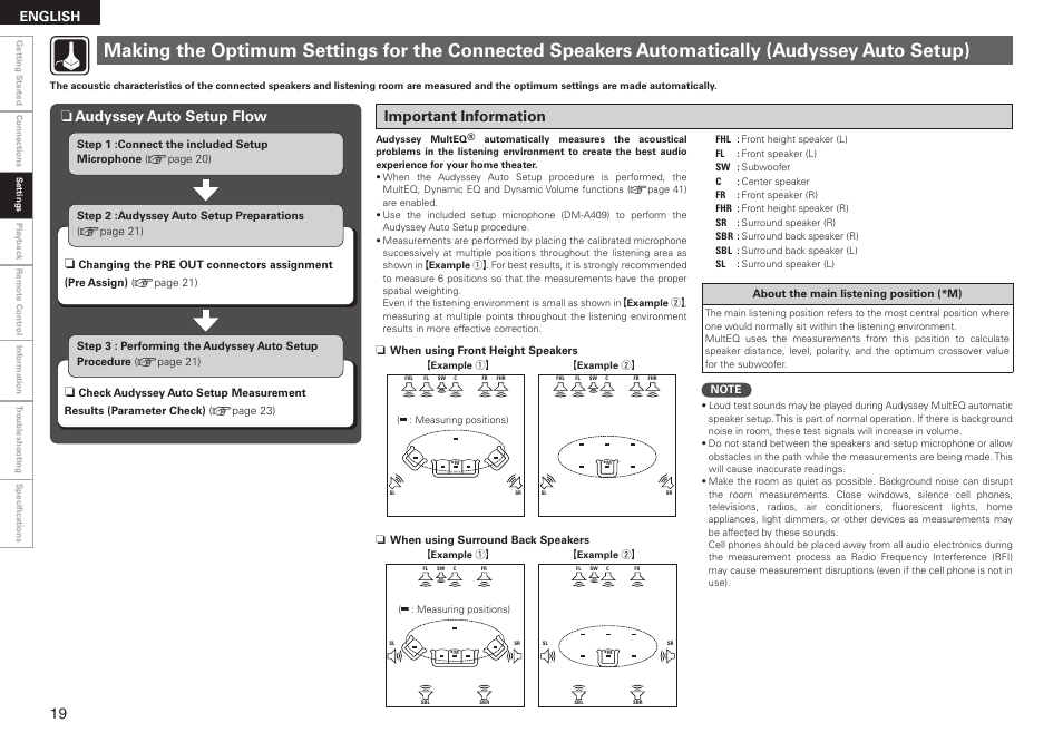 Important information, Audyssey auto setup flow n, English | Denon AVR-590 User Manual | Page 22 / 67