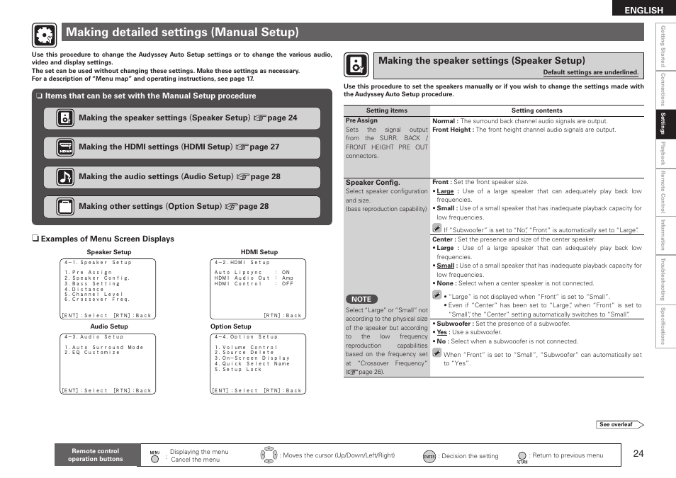Making detailed settings (manual setup), Making the speaker settings (speaker setup) | Denon AVR-590 User Manual | Page 27 / 67