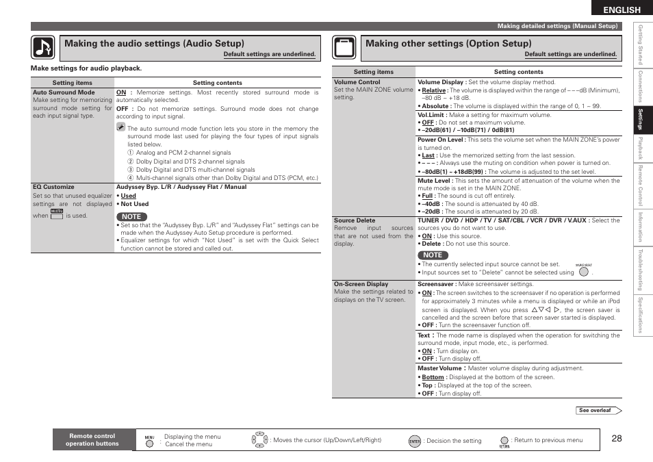 Making the audio settings (audio setup), Making other settings (option setup) | Denon AVR-590 User Manual | Page 31 / 67