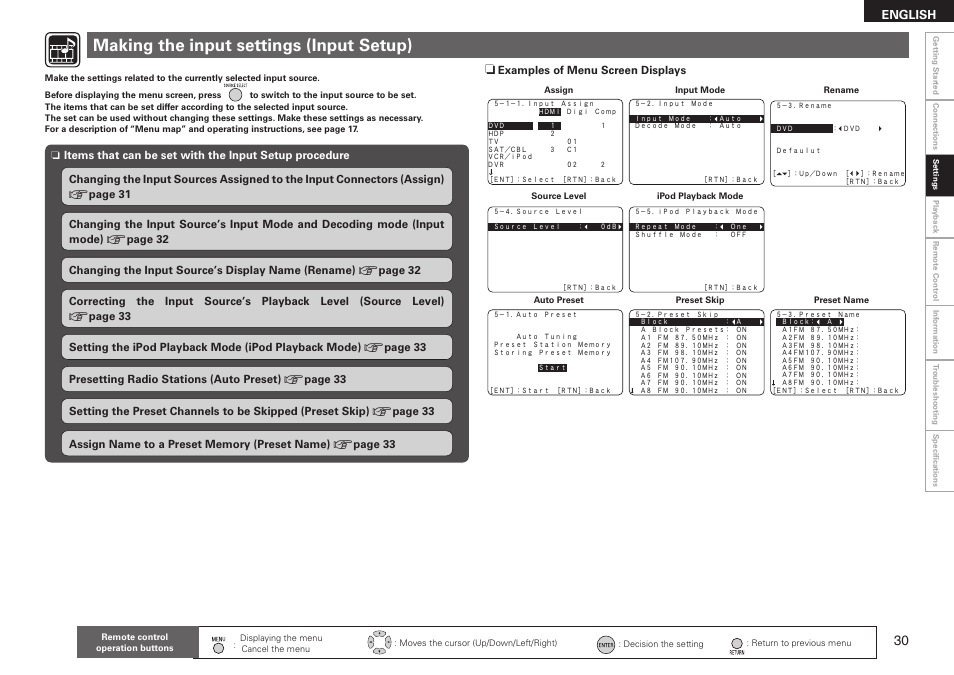 Making the input settings (input setup), English | Denon AVR-590 User Manual | Page 33 / 67