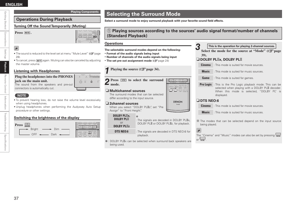 Selecting the surround mode | Denon AVR-590 User Manual | Page 40 / 67