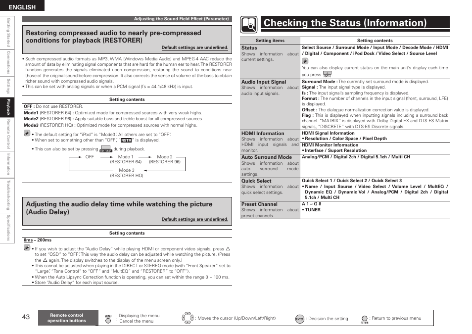 Checking the status (information) | Denon AVR-590 User Manual | Page 46 / 67