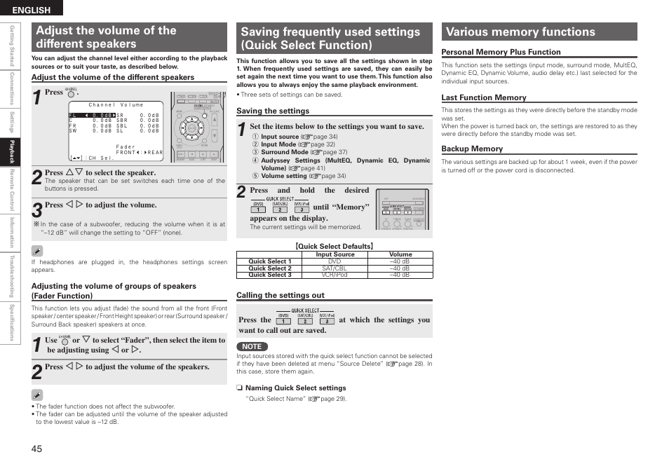 Adjust the volume of the different speakers | Denon AVR-590 User Manual | Page 48 / 67