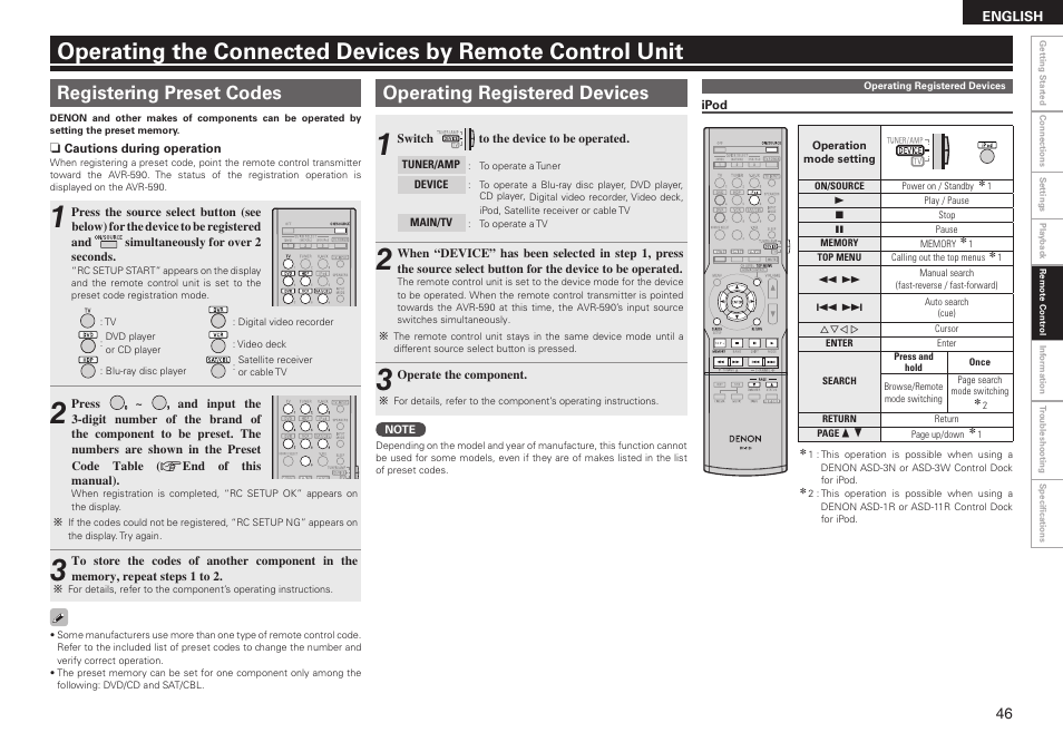 Registering preset codes, Operating registered devices | Denon AVR-590 User Manual | Page 49 / 67