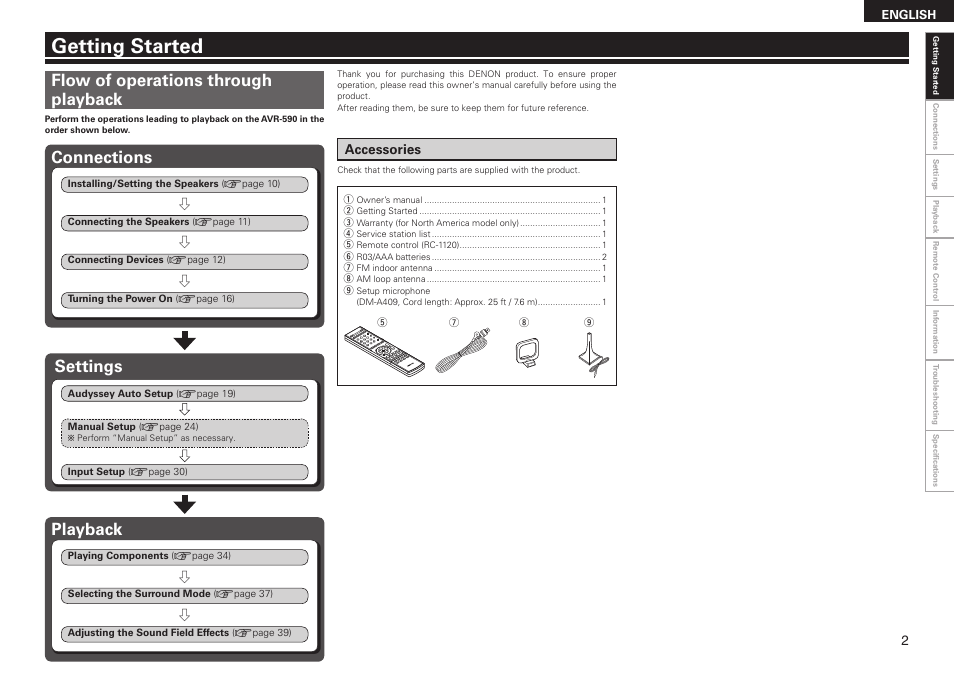 Getting started, Connections, Flow of operations through playback | Playback, Settings | Denon AVR-590 User Manual | Page 5 / 67