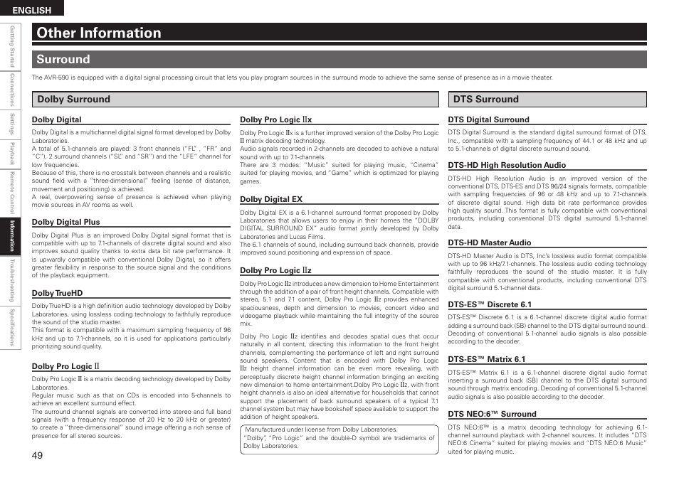 Other information, Surround | Denon AVR-590 User Manual | Page 52 / 67