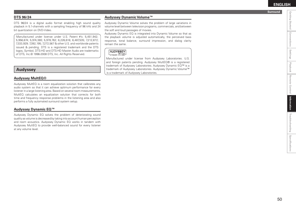 Audyssey | Denon AVR-590 User Manual | Page 53 / 67