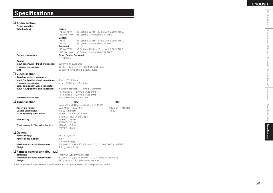 Specifications, English | Denon AVR-590 User Manual | Page 61 / 67