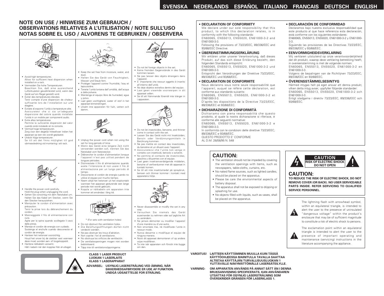 Caution | Denon DVD-3910 User Manual | Page 2 / 43