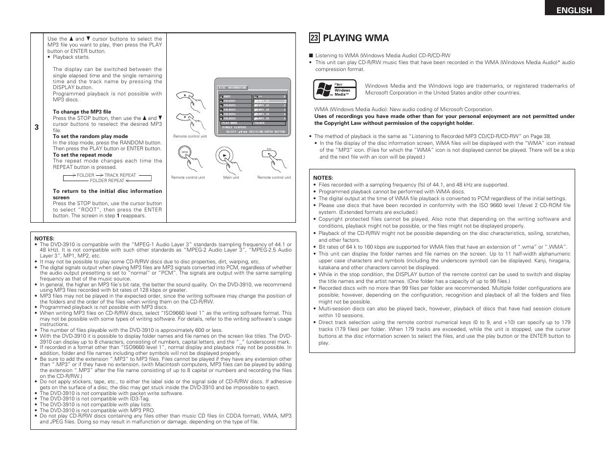 Playing wma, English 3 | Denon DVD-3910 User Manual | Page 39 / 43