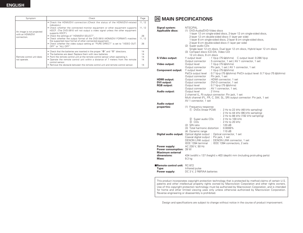 Main specifications, English | Denon DVD-3910 User Manual | Page 42 / 43