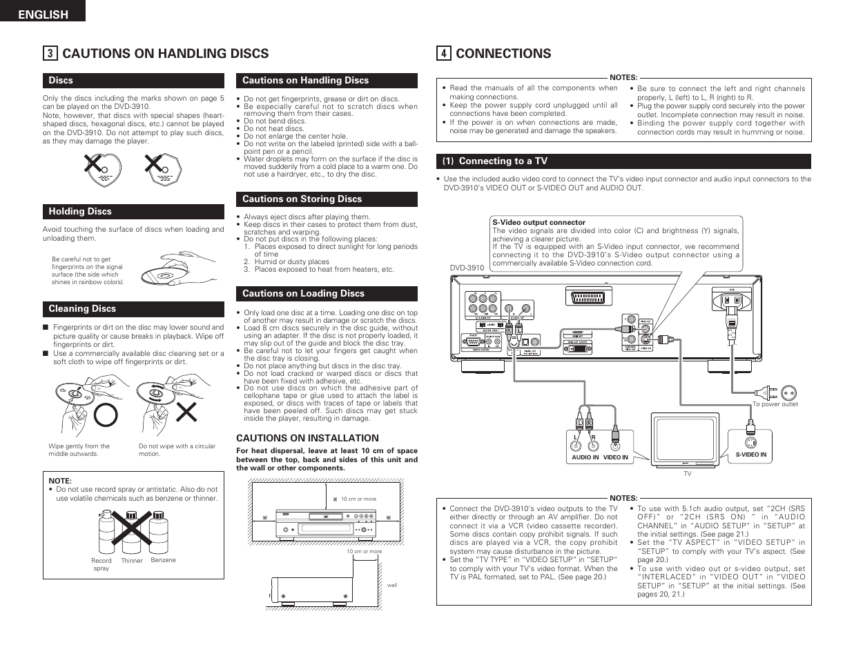 Cautions on handling discs, Connections, English | Denon DVD-3910 User Manual | Page 6 / 43