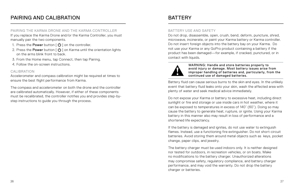 Pairing and calibration, Battery | GoPro Karma User Manual | Page 14 / 17