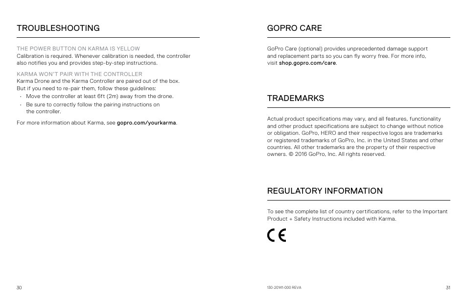 Gopro care, Trademarks, Regulatory information | Troubleshooting, Gopro care trademarks regulatory information | GoPro Karma User Manual | Page 16 / 17