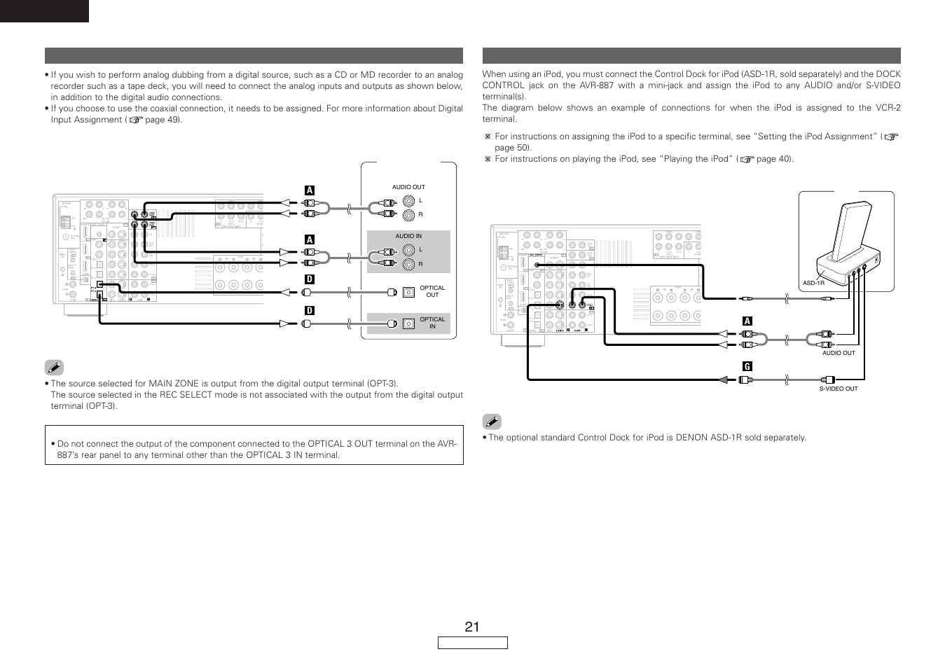 English, Connecting a tape deck, cd recorder or md recorder, Connecting the ipod | Denon AVR-887 User Manual | Page 24 / 82