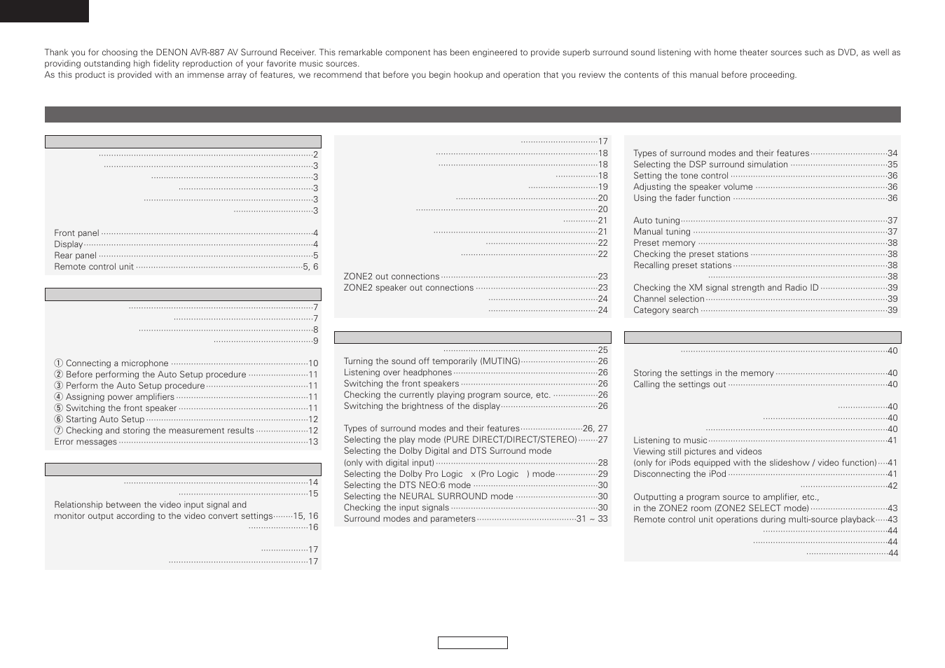 English | Denon AVR-887 User Manual | Page 4 / 82