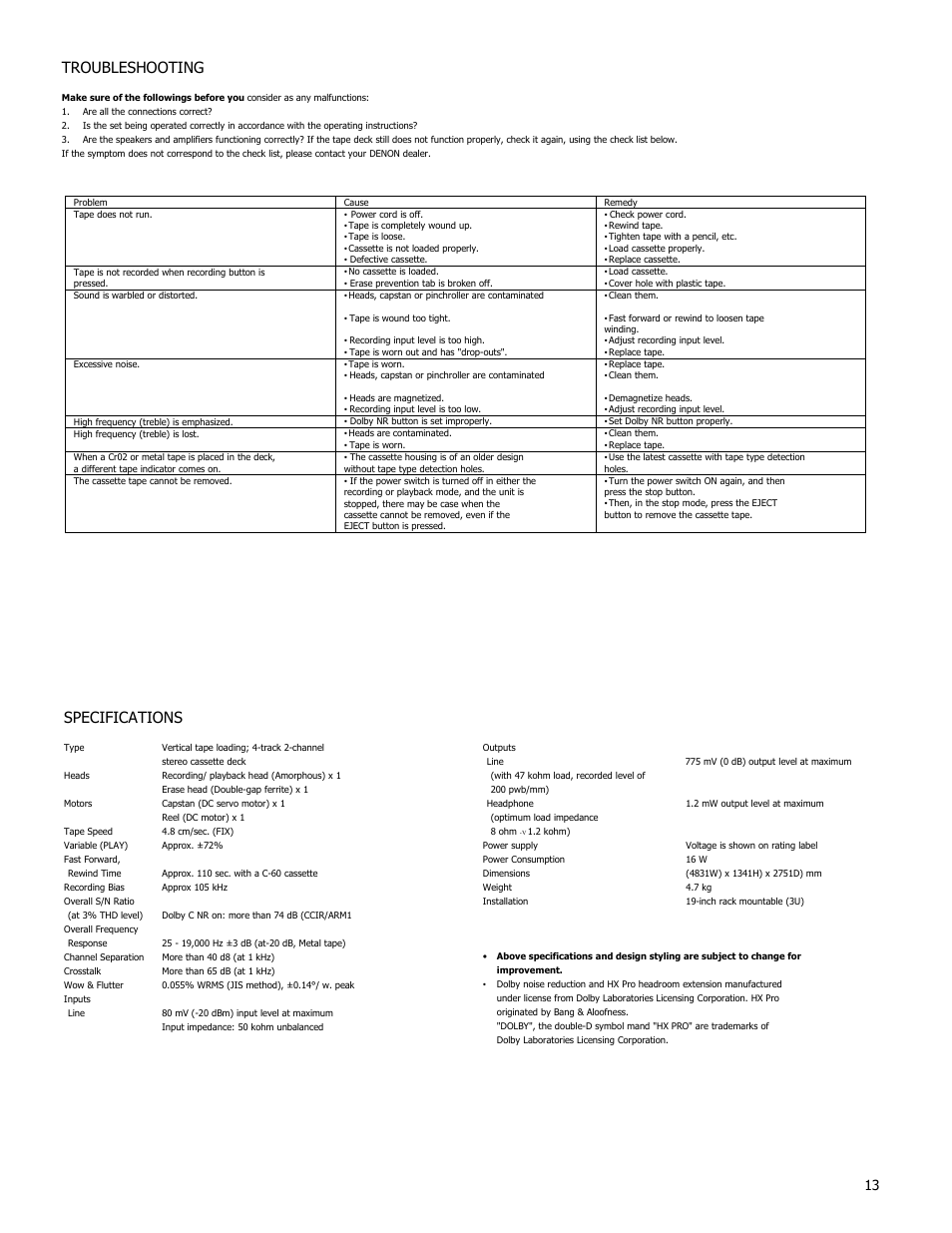 Troubleshooting, Specifications | Denon DN-720R User Manual | Page 13 / 14