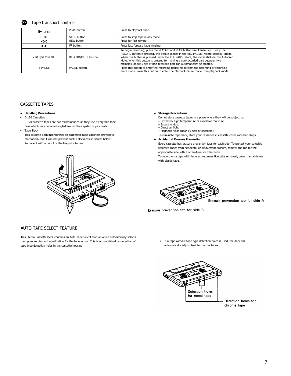 Tape transport controls, Cassette tapes, Auto tape select feature | Denon DN-720R User Manual | Page 7 / 14