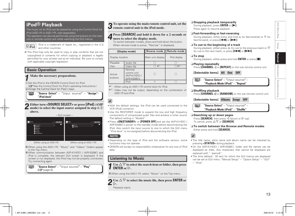 Ipod® playback | Denon AVP-A1HDCI User Manual | Page 13 / 16