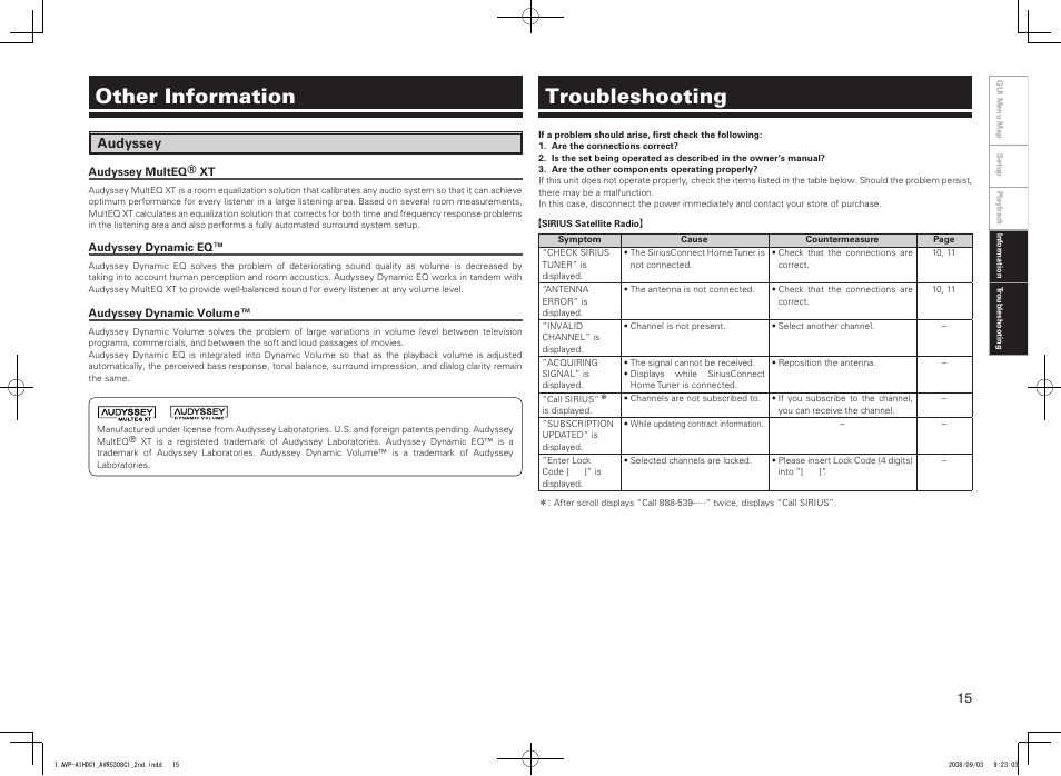 Troubleshooting, Other information, Audyssey | Denon AVP-A1HDCI User Manual | Page 15 / 16