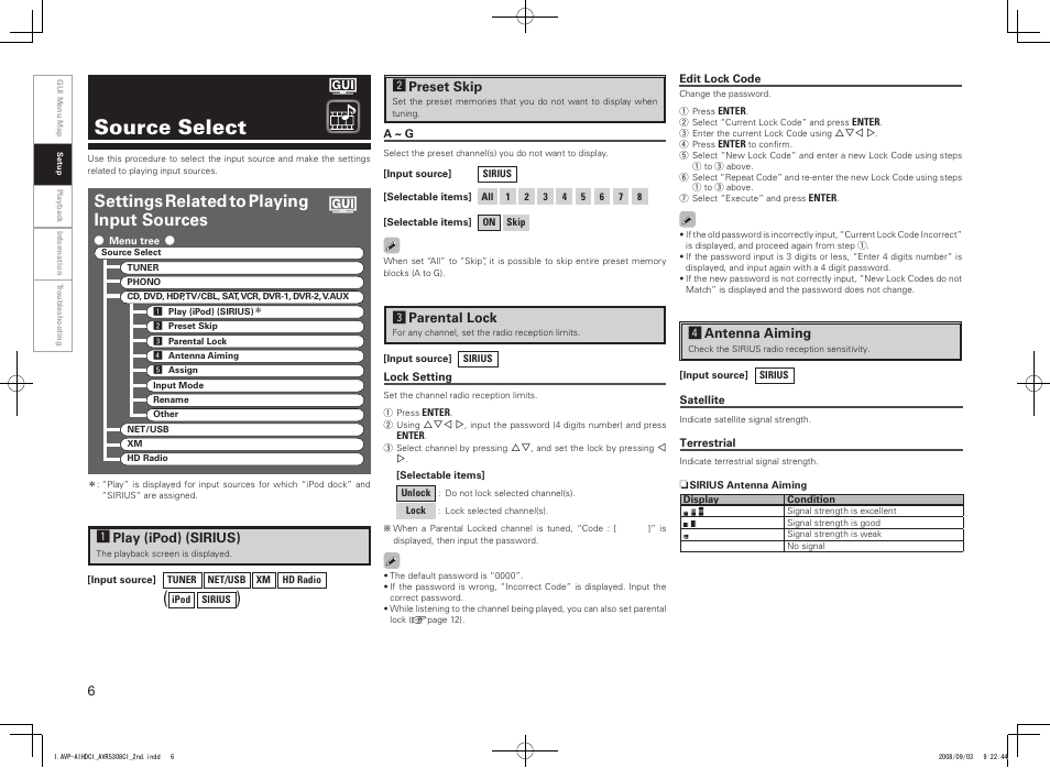 Source select, Settings related to playing input sources | Denon AVP-A1HDCI User Manual | Page 6 / 16