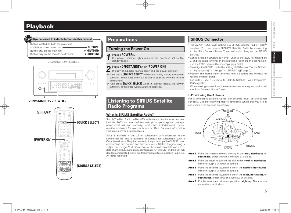 Playback, Preparations, Listening to sirius satellite radio programs | Denon AVP-A1HDCI User Manual | Page 9 / 16