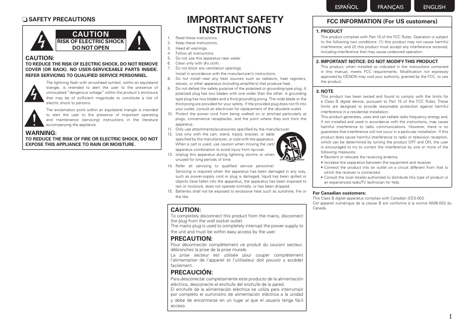 Important safety instructions, Caution | Denon AVR-1612 User Manual | Page 3 / 16