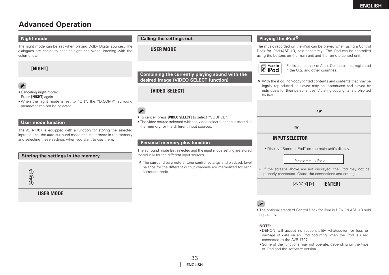 Advanced operation | Denon AVR-1707 User Manual | Page 37 / 64