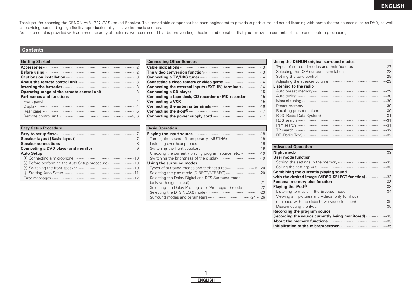 Denon AVR-1707 User Manual | Page 5 / 64