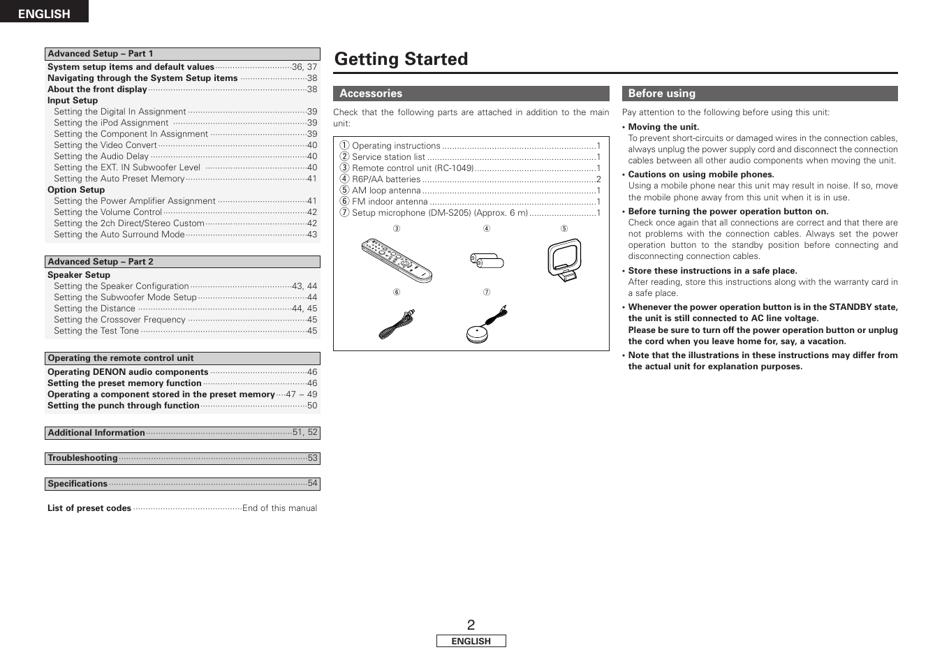 Getting started | Denon AVR-1707 User Manual | Page 6 / 64