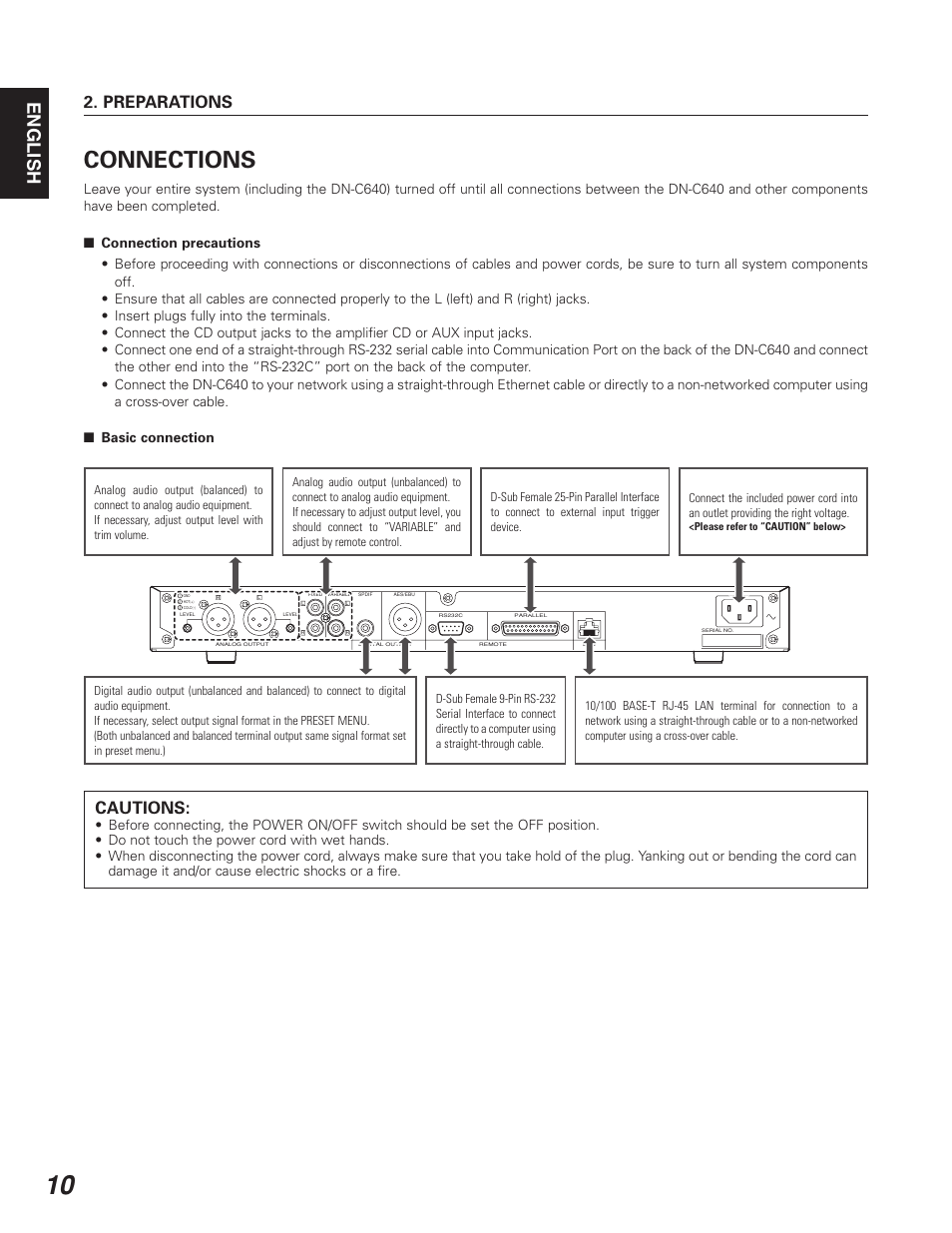 Connections, English, Preparations | Cautions | Denon DN-C640 User Manual | Page 18 / 54