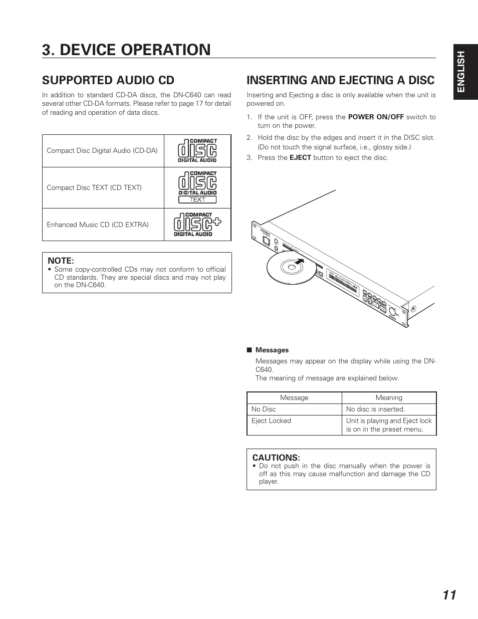 Device operation, Supported audio cd, Inserting and ejecting a disc | Denon DN-C640 User Manual | Page 19 / 54