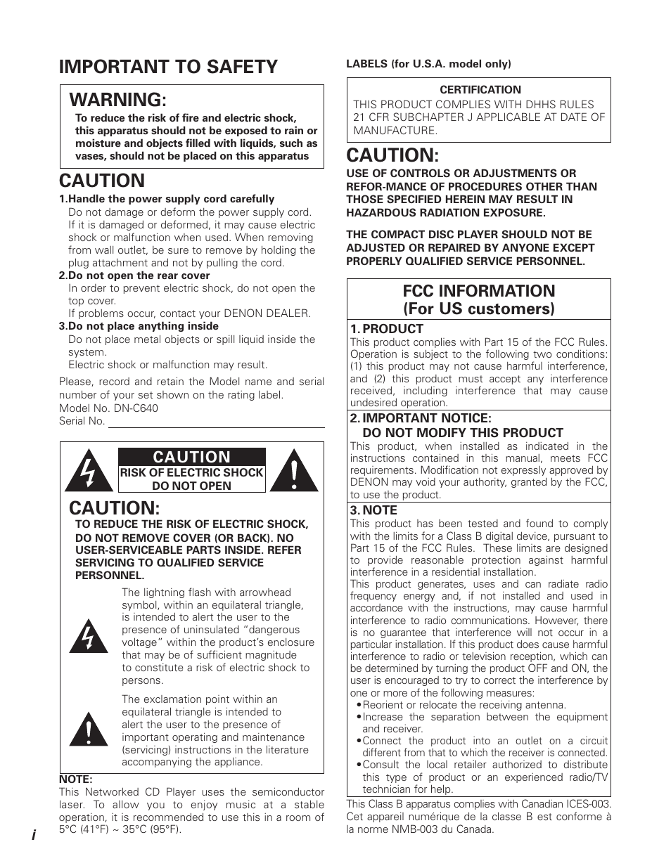 Important to safety warning, Caution, Fcc information (for us customers) | Denon DN-C640 User Manual | Page 2 / 54