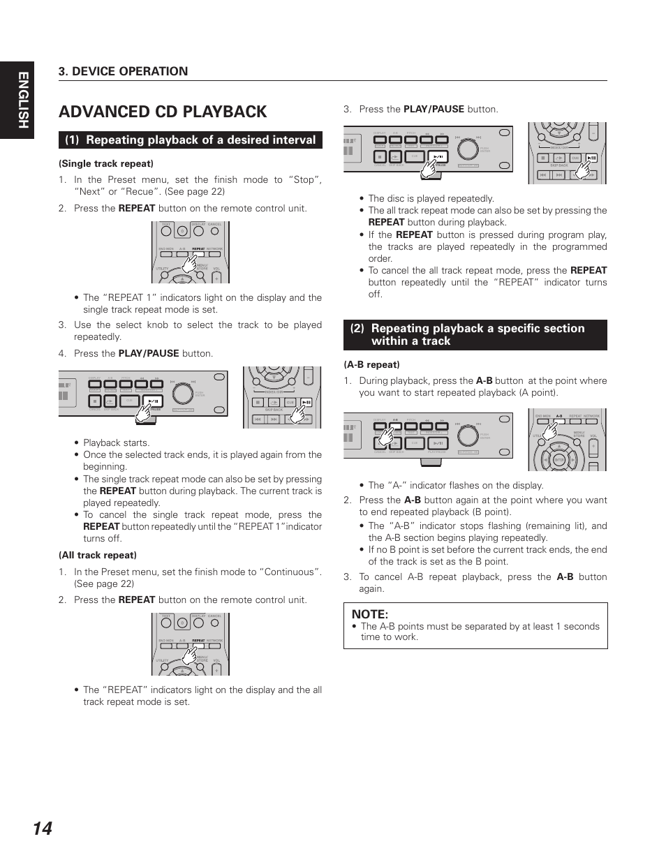 Advanced cd playback, English, Device operation | 1) repeating playback of a desired interval | Denon DN-C640 User Manual | Page 22 / 54