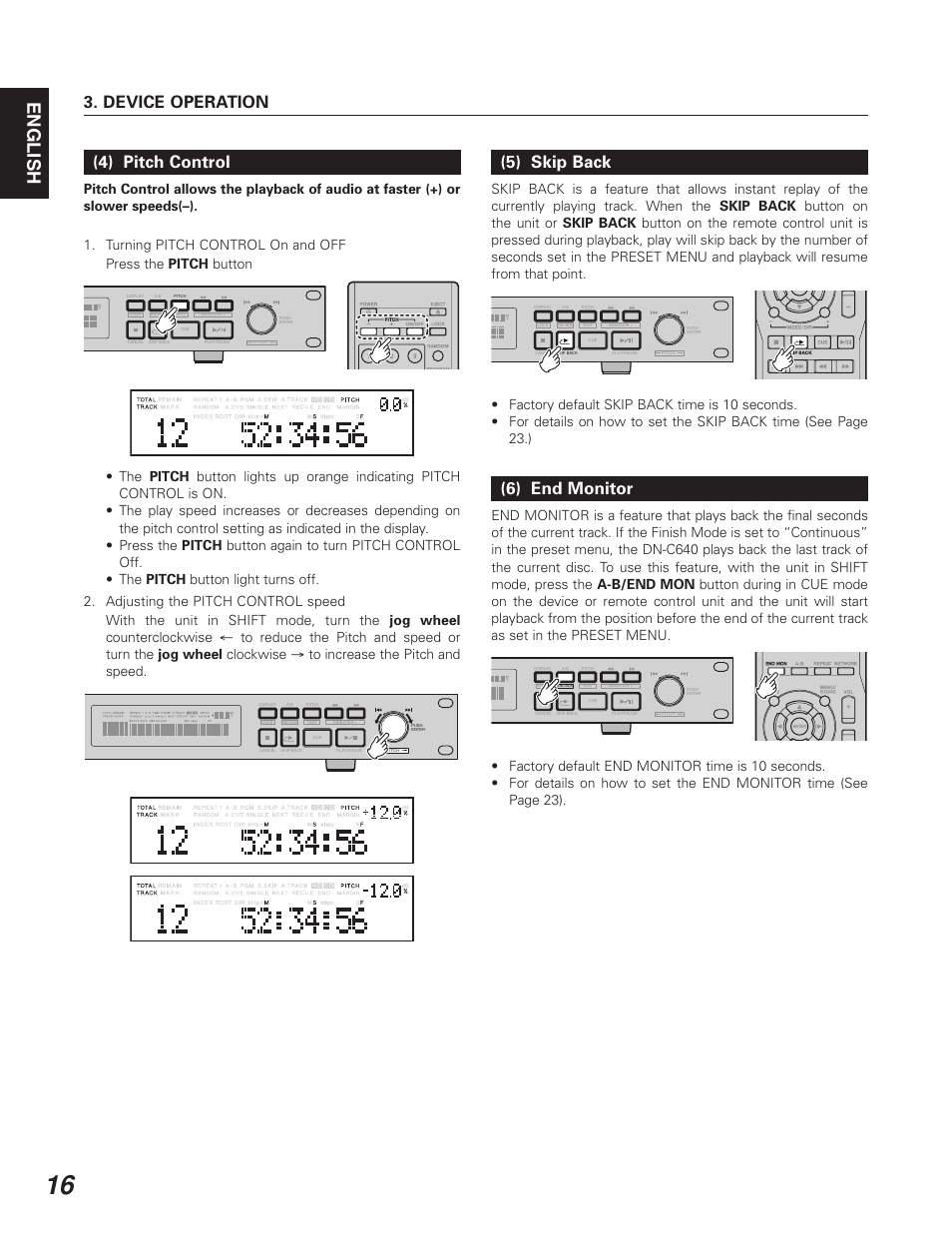 English, Device operation (4) pitch control, 5) skip back | 6) end monitor | Denon DN-C640 User Manual | Page 24 / 54