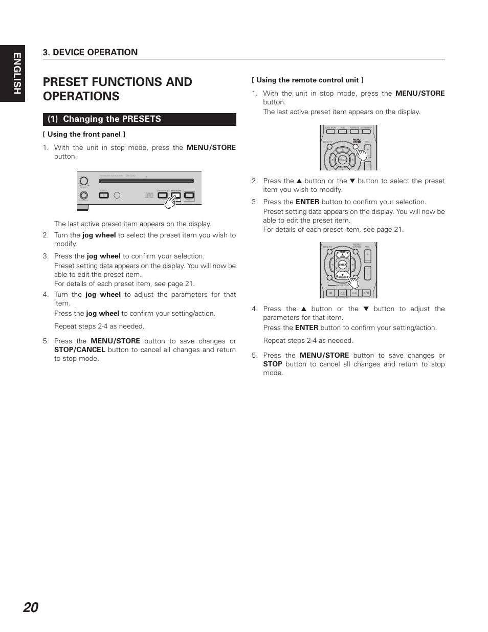 Preset functions and operations, English, Device operation | 1) changing the presets | Denon DN-C640 User Manual | Page 28 / 54
