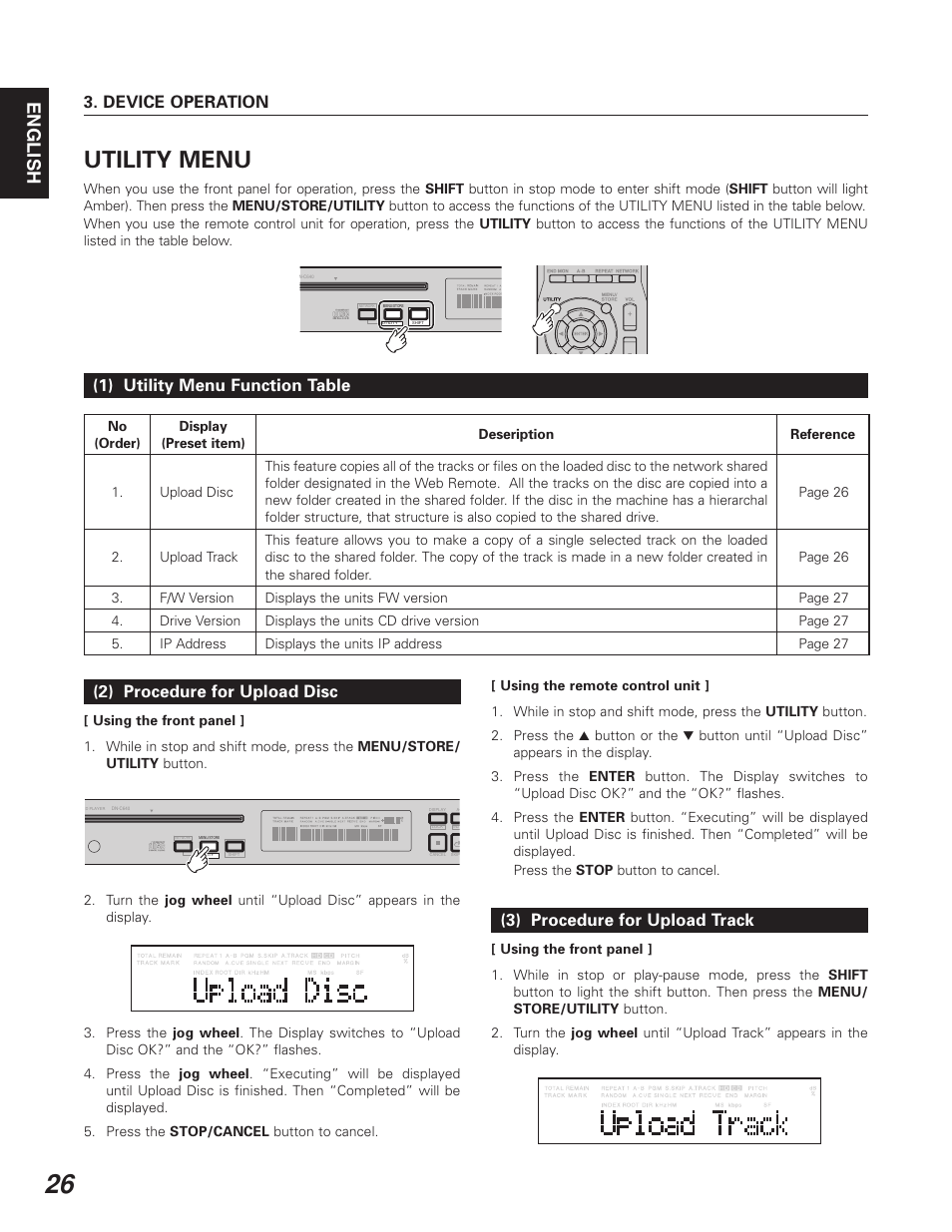 Utility menu, English, Device operation | 1) utility menu function table, 2) procedure for upload disc, 3) procedure for upload track | Denon DN-C640 User Manual | Page 34 / 54