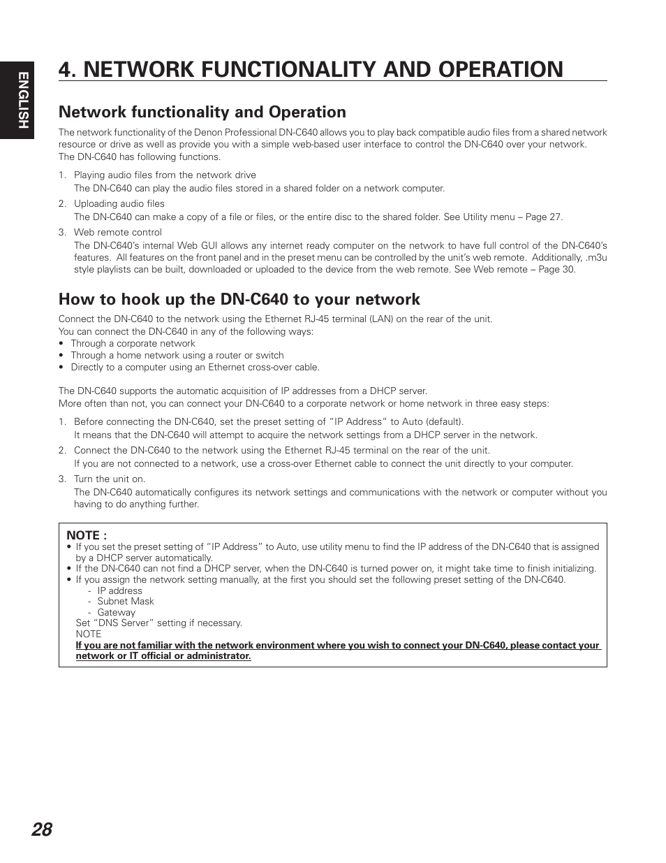 Network functionality and operation, How to hook up the dn-c640 to your network | Denon DN-C640 User Manual | Page 36 / 54