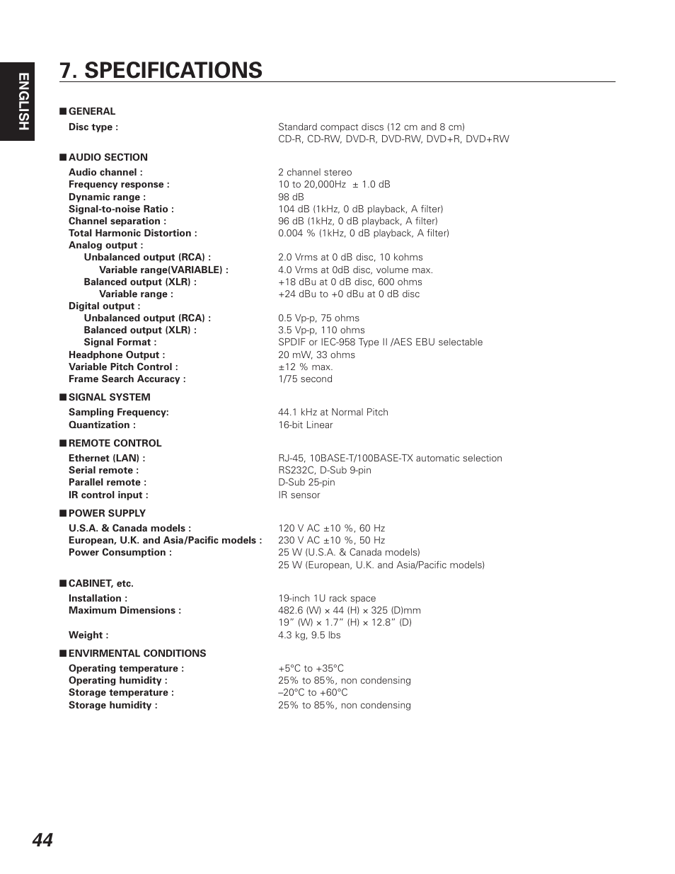 Specifications, English | Denon DN-C640 User Manual | Page 52 / 54