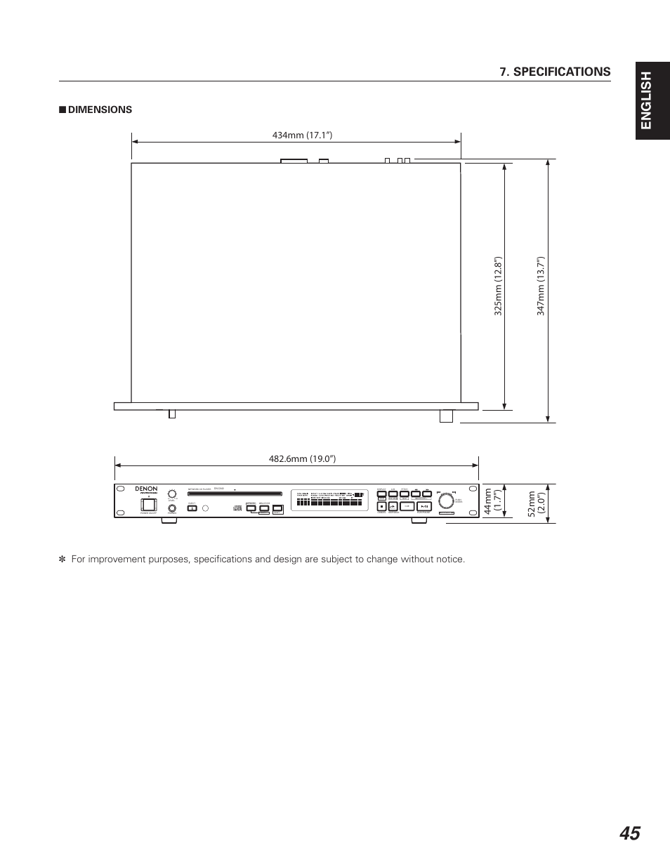 English, Specifications, Dimensions | Denon DN-C640 User Manual | Page 53 / 54