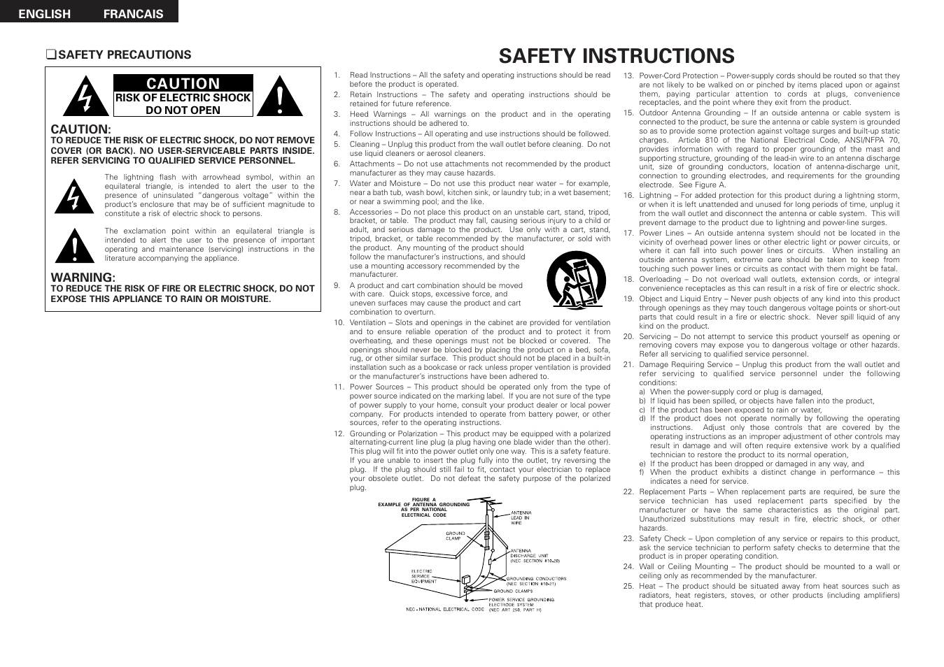 Safety instructions, Caution, Warning | English francais | Denon DRA-397 User Manual | Page 2 / 32